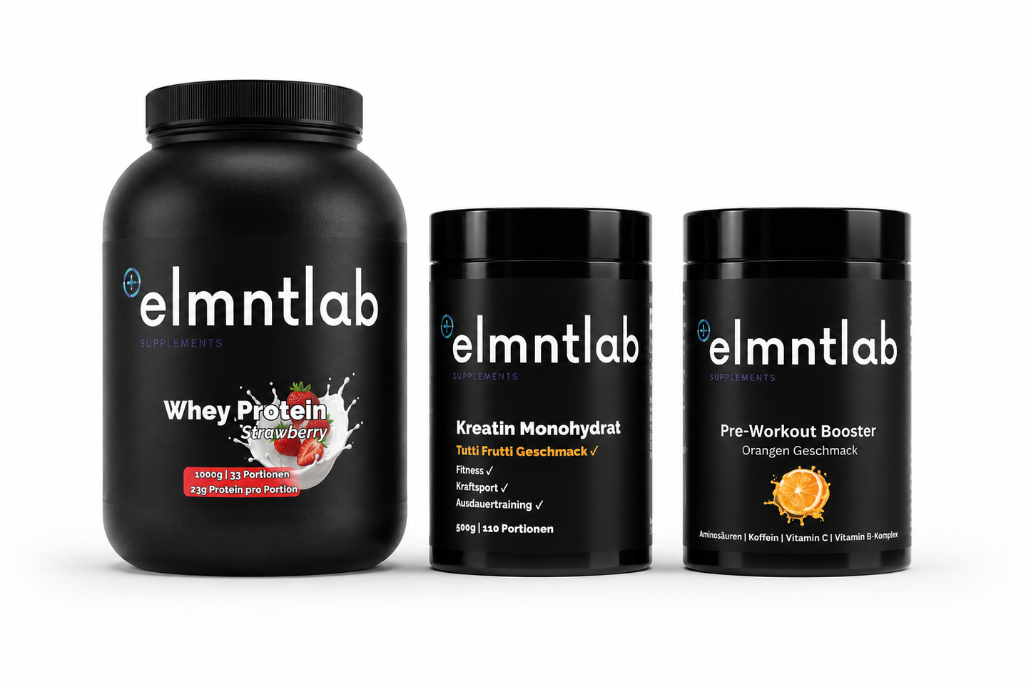 Muskelaufbau-Paket Bundle: Whey Protein Erdbeere, Kreatin Tutti Frutti, Pre-Workout Booster Orange