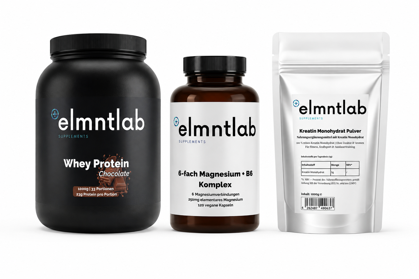 Starter-Set Bundle: Whey Protein Schokolade, Kreatin Monohydrat, Magnesium 6x Komplex