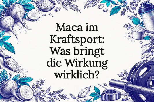Handgezeichnete Maca-Wurzeln und Motive aus dem Kraftsport