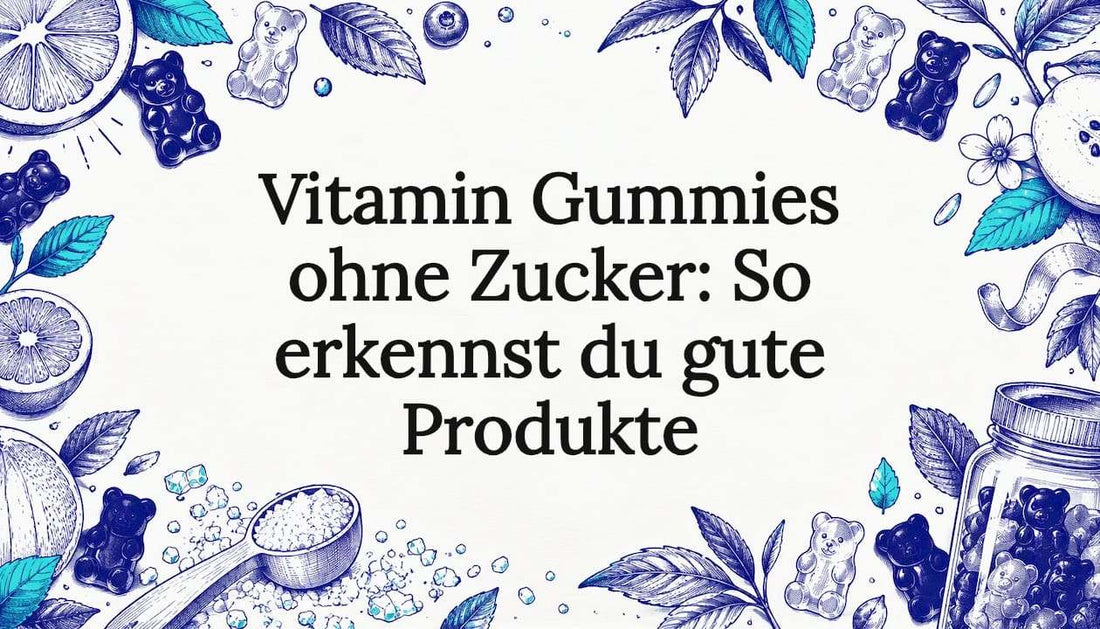 Handgezeichnete Gummibärchen umrahmen den Titel auf hellem Papier