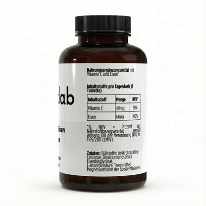 Eisen Nahrungsergänzung, Vitamin C Tabletten, Eisen + Vitamin C Supplement, vegane Eisen Tabletten, Eisenmangel Unterstützung, Immunsystem Vitamin C, veganes Nahrungsergänzungsmittel, Eisen Tabletten 120 Stück, Energie und Blutbildung, Eisen Vitamin Kombination,
