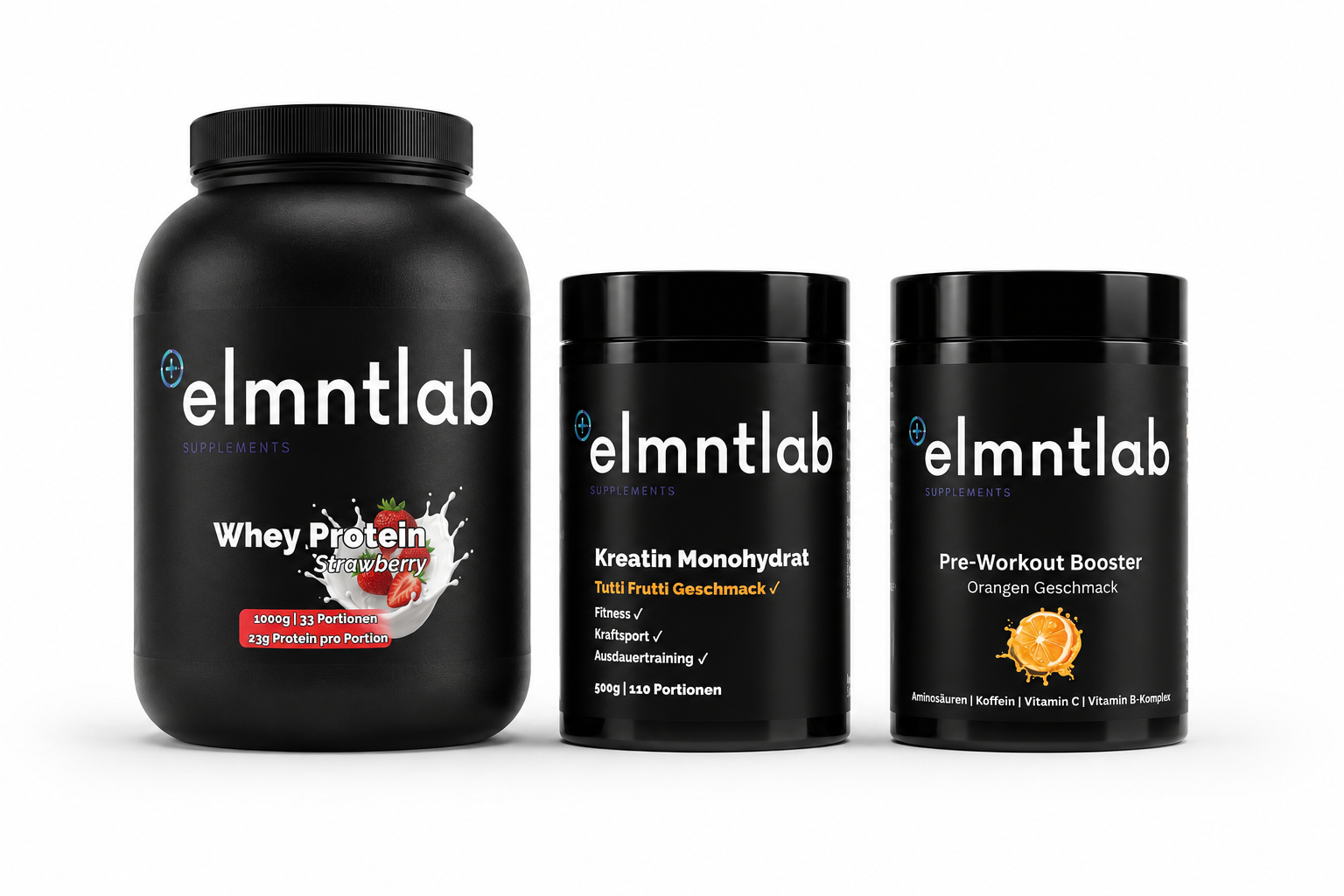 Muskelaufbau-Paket Bundle: Whey Protein Erdbeere, Kreatin Tutti Frutti, Pre-Workout Booster Orange