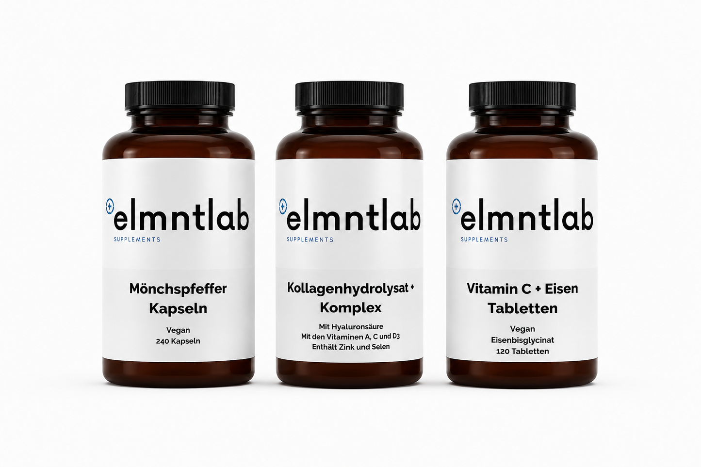 Frauen-Wohlbefinden Bundle: Mönchspfeffer Kapseln, Kollagenhydrolysat, Vitamin C + Eisen Tabletten