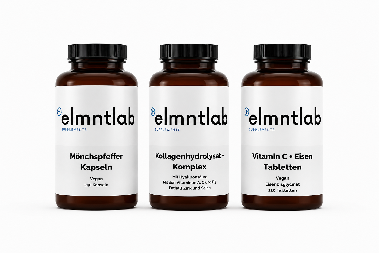 Frauen-Wohlbefinden Bundle: Mönchspfeffer Kapseln, Kollagenhydrolysat, Vitamin C + Eisen Tabletten