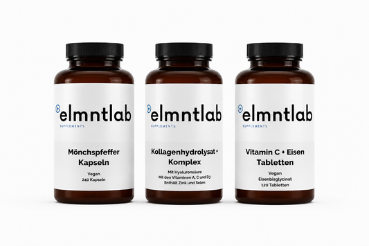 Frauen-Wohlbefinden Bundle: Mönchspfeffer Kapseln, Kollagenhydrolysat, Vitamin C + Eisen Tabletten