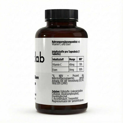 Vegane Eisen + Vitamin C Tabletten für Energie und Blutbildung
