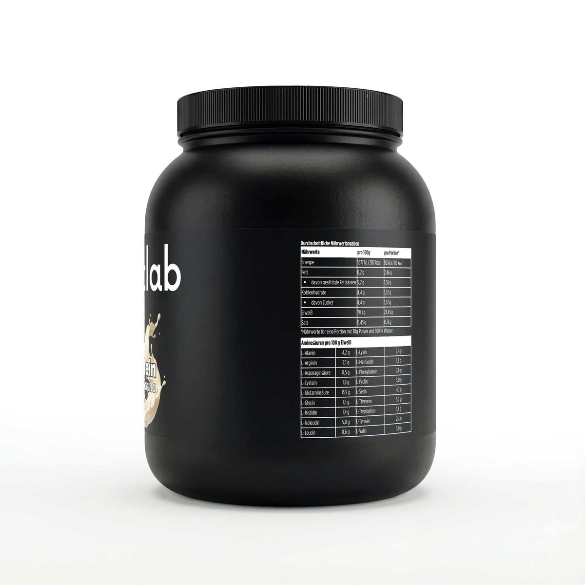 Premium Whey Protein Vanille 1000g von elmntlab, Dose mit Vanillegeschmack