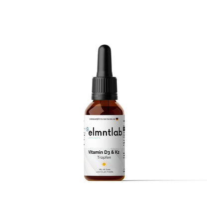 Vitamin D3 K2 Tropfen 1000 IE 50ml Flasche elmntlab auf weißem Hintergrund